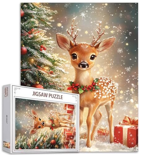 Christmas Trees Jungle Animals Jigsaw Puzzles für Erwachsene 1000 Teile, Xmas Cute Deer Jigsaw Puzzle Art 20 x 27 Inches Colorful DIY Puzzles für Home Decoration, Family Puzzle Perfect for Game Nights von Tucocoo