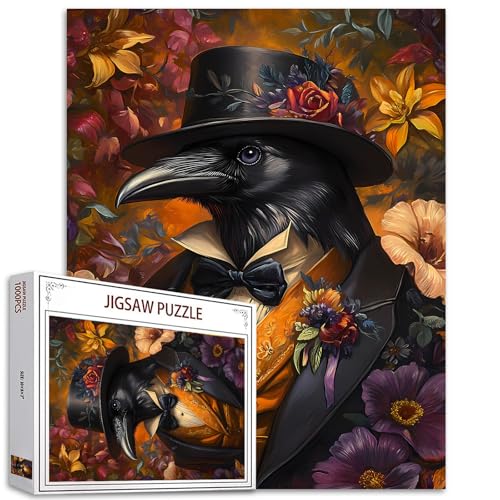 Crow Wearing Hat Jigsaw Puzzles für Erwachsene 1000 Pieces Animal Flowers Pictures DIY Puzzles Art Craft Wall Decor Challenging Family Activity Game Nights Handwork Puzzles Home Decor Unique Gifts von Tucocoo