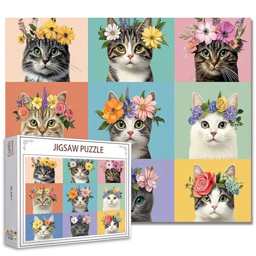 Cute Cats Wearing Flower Crowns Jigsaw Puzzle，Furry Cats Adorable Portraits 1000 Pieces Jigsaw Puzzles for Adults，27 x 20 Inches Puzzles ，HD Quality Fantasy Puzzle Gift，Family Activity for Game Night von Tucocoo