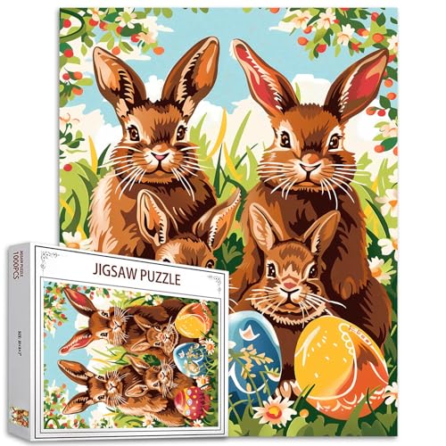 Die Kaninchen Familie Puzzles für Erwachsene 1000 Stück Puzzle Osterhase und bunte Eier Jigsaw Puzzle Geschenk für Erwachsene Spielzeug Frühling Garten Hasen Kaninchen Blume Puzzle von Tucocoo