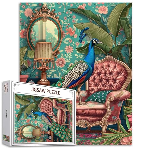 Dschungel Pfau auf Sofa Kunstpuzzle für Erwachsene 1000 Teile, Wildtiere Boho Jigsaw Puzzle Bunte DIY Puzzles für Heimdekoration Geschenke, Familie herausfordernd Perfekt für Spieleabende von Tucocoo