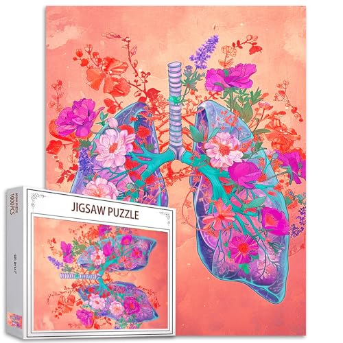 Flower Lungs Jigsaw Puzzles 1000 Teile Herausfordernde Holzpuzzles für Erwachsene Abstrast Menschliche Organ Anatomie Puzzles Blühende Blumen Floral Lungs „Breathe “Puzzles Kunst Geschenk von Tucocoo