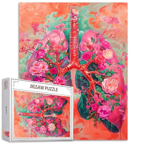 Flower Organs Jigsaw Puzzles 1000 Stück für Erwachsene, Lungs Floral Puzzles für Erwachsene Unique Human Body Anatomy Puzzles Pink Flowers Bone Puzzles Arts Medical Office Decor Gift von Tucocoo