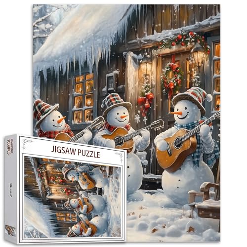 Frohe Weihnachten 1000 Stück Puzzles für Erwachsene Schneemann spielt Gitarre Malerei Jigsaw Puzzle Winterlandschaft 1000 Stück Puzzles Spiel Home Wall Decor DIY Craft Holzhaus Puzzle Kunstgeschenk von Tucocoo