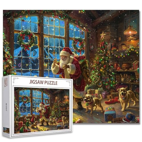 Frohe Weihnachten Retro-Landschaftspuzzle 1000 Teile für Erwachsene,Weihnachtsmann Puzzle,Weihnachtsbaum Puzzle Kunst Urlaub herausfordernde Puzzle perfekt für Spielabende von Tucocoo