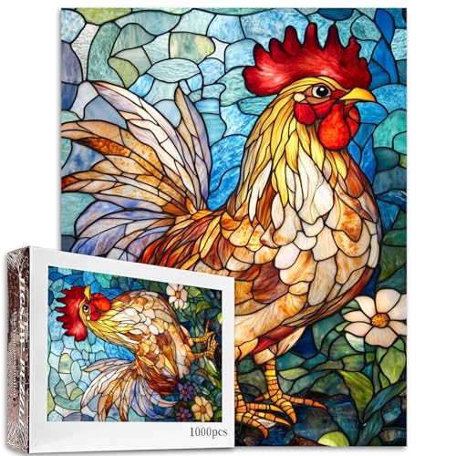 Glas-Hahn-Puzzle, Bauernhofhahn, 1000 Teile, Puzzle für Erwachsene, 68,6 x 50,8 cm, Puzzles für Familien, HD-Qualität, Buntglas-Fotopuzzle, Geschenk, perfekt für Spieleabende von Tucocoo