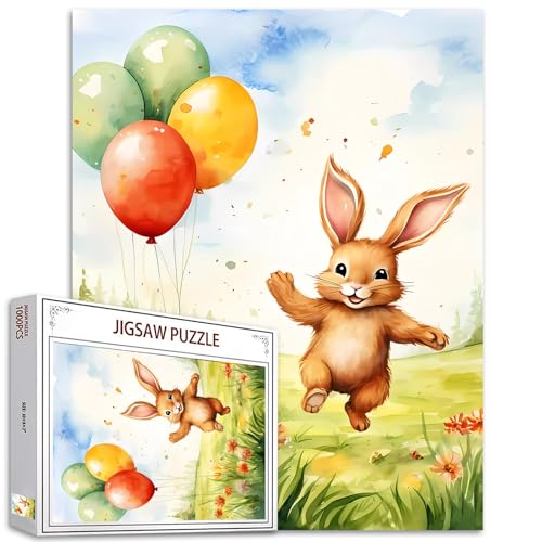 Hase spielt mit Luftballon Puzzles für Erwachsene Cartoon Tier Puzzle 1000 Teile Herausforderndes Puzzle Perfekt für Spielabende Osterpuzzle Handarbeit Geschenk Heimdekoration Geschenke Familie Puzzle von Tucocoo