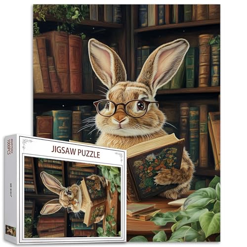 Kaninchen Lesebücher 1000 Teile Jigsaw Puzzle Erwachsene Tier mit Brille Retro Bibliothek Jigsaw Puzzle schwer schwierig herausfordernd Familienaktivität Spielabende Handarbeit Puzzles Decor Geschenke von Tucocoo