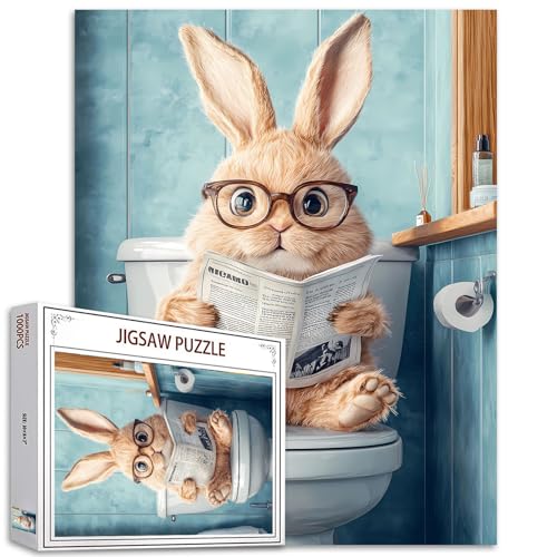 Kaninchen Sitzender Toilettensitz 1000 Stück Puzzles für Erwachsene Tiere Zeitungspuzzle Herausfordernde Familienaktivitätsspiele Buntes DIY Bastelpuzzle für Home Decor Geschenke von Tucocoo