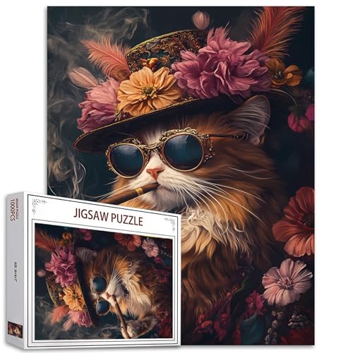 Katze Rauchen Puzzles Erwachsene 1000 Stück Tiere tragen Sonnenbrille DIY Handarbeit Puzzles Reise Puzzles Home Decoration Einzigartige schwierig und Herausforderung große Puzzle Lernspiele Geschenk von Tucocoo