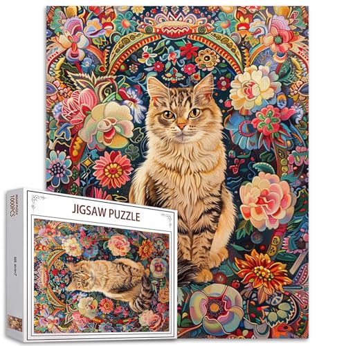 Katzenpuzzle Puzzles für Erwachsene, 1000 Teile Blumenpuzzle für Katzenliebhaber, rustikales Blumenmuster, Boho-Blumenpuzzle, lustige Spiele für Familie und Freunde, Puzzlekunst von Tucocoo