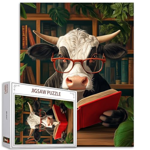 Kuh Lesebücher 1000 Stück Jigsaw Puzzle Erwachsene Tier mit Brille der Bibliothek Jigsaw Puzzles schwer schwierig herausfordernd Familienaktivität Spielabende Handarbeit Puzzles Home Decor Geschenke von Tucocoo