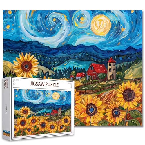 Landschaftspuzzle 1000 Teile für Erwachsene, Familien (Holzhaus, Berg, Wald, Sonnenblumen, Vollmond) Teile passen perfekt zusammen 19.7''x27.6''inch Leistung Pflanze rahmenbare magische Puzzle Kunst von Tucocoo