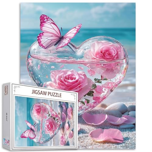 Love Glass Bottle Pink Roses 1000 Pieces Adult Jigsaw Puzzle,Beach Sea Waves Butterfly Perfekt Fun Brain Puzzle Liebhaber Lebendige Illustrationen Qualität Stücke Herausfordernd und entspannend Große von Tucocoo