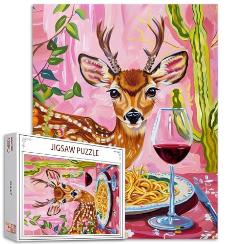 Lustige Tiere Jigsaw Puzzles für Erwachsene,1000 Teile,Niedliche Hirsche Essbilder (Wein Pasta) Rosa Kunst Puzzle,Multicolor DIY Puzzles für Familien Dekoration,Perfekt für Spiele Abende von Tucocoo