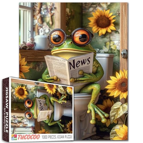 Lustiger Frosch auf Toilette, 1000 Teile Puzzle für Erwachsene, großer Frosch, Lese-Zeitung, Puzzle, Badezimmer-Dekor mit Sonnenblumen, skurrile Tierpuzzles für Männer, Frauen, Familie, herausfordernd Lustiger Frosch auf Toilette, 1000 Teile Puzzle für Erwachsene, großer Frosch, Lese-Zeitung, Puzzle, Badezimmer-Dekor mit Sonnenblumen, skurrile Tierpuzzles für Männer, Frauen, Familie, herausfordernd von Tucocoo