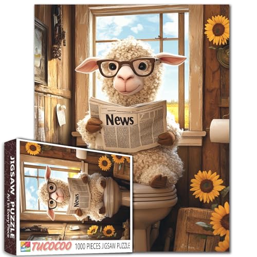 Lustiges Schaf-Puzzle 1000 Teile für Erwachsene, niedliches Tier, das Zeitung auf der Toilette liest, Puzzle, skurriles Badezimmer, herausforderndes Puzzle, Familienspielabende, Sonnenblumen Lustiges Schaf-Puzzle 1000 Teile für Erwachsene, niedliches Tier, das Zeitung auf der Toilette liest, Puzzle, skurriles Badezimmer, herausforderndes Puzzle, Familienspielabende, Sonnenblumen von Tucocoo