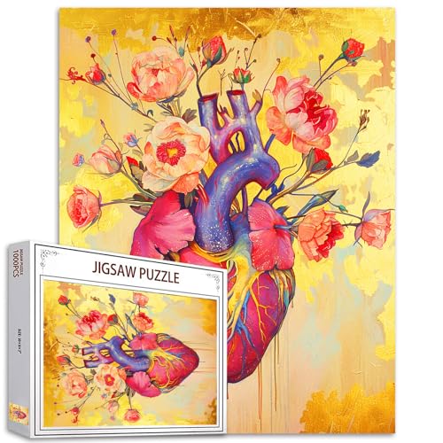 Menschliche Anatomie Herz 1000 Stück Familie Puzzle, Vintage Blume Herz, Bright Artwork für stundenlanges Puzzeln menschliche Organe Blutgefäß Bild 1000 Stück Puzzle Kunst Familie Spaß Puzzle-Spiele von Tucocoo