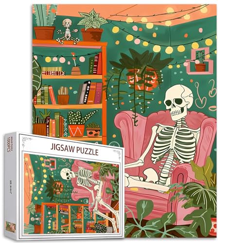 Menschlicher Schädel Puzzles 1000 Teile für Erwachsene Familien (Skelett,Pflanzen,Buch,Sofa,Bunte Laternen) Teile passen perfekt zusammen Mythische Skullman Frameable Magic Puzzle Kunst Geschenke von Tucocoo