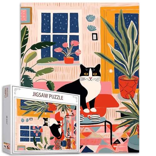 Minimalismus Matisse-Stil Katzen-Puzzle, 1000 Teile für Erwachsene, schwarz-weiße Katzenpuzzles für Erwachsene, einzigartige Form, 1000 Teile, buntes Raumpuzzle, Tierpuzzle, Kunstgeschenk von Tucocoo