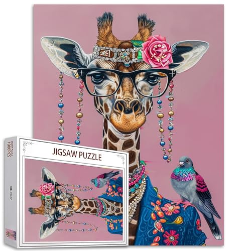 Niedliche Giraffe Jigsaw Puzzle,1000 Teile für Erwachsene,Lustige Tiere Brille Schmuck Halskette,Kreative Stil Puzzles für interessante Familienaktivitäten,Bunte DIY Geschenke Jigsaw Puzzle von Tucocoo