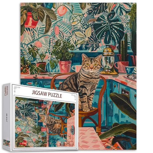 Niedliche Tierpuzzles 1000 Teile für Erwachsene, Familien (Katze Zimmerpflanze Palme Kaffeetasse) Teile passen perfekt zusammen 19.7''x27.6''inch Küchenszene Leistung rahmenbare magische Puzzle Kunst von Tucocoo