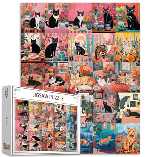 Niedliche schwarze Katze 1000 Stück Puzzles Erwachsene Sukkulenten-Pflanzen-Puzzle Tropische Pflanzen-Puzzle Herausfordernde Familien-Aktivitätsspiele Buntes DIY-Bastel-Puzzle Heimdekoration Geschenke von Tucocoo