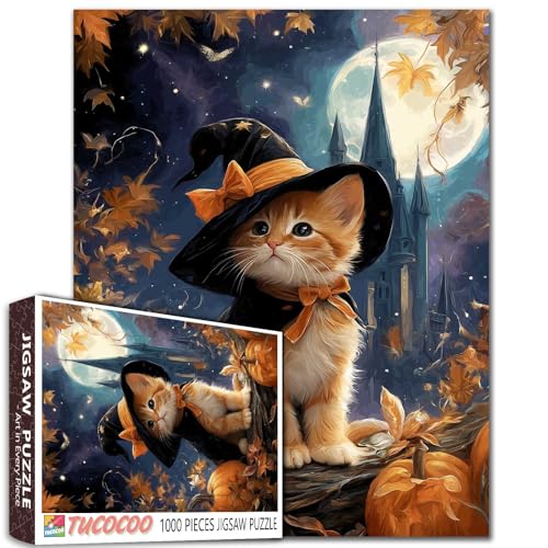 Niedliches Kätzchen und Kürbis, 1000 Teile, Puzzle für Erwachsene, Halloween-Nacht-Puzzles für Erwachsene, Katze mit Hexenhut, Familie, herausforderndes Puzzle, Kunst, Heimdekoration, Geschenke Niedliches Kätzchen und Kürbis, 1000 Teile, Puzzle für Erwachsene, Halloween-Nacht-Puzzles für Erwachsene, Katze mit Hexenhut, Familie, herausforderndes Puzzle, Kunst, Heimdekoration, Geschenke von Tucocoo
