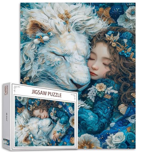 Niedliches kleines Mädchen Puzzle für Erwachsene 1000 Teile,Puppe und Löwe DIY Kunst Puzzle für herausfordernde Familienaktivität Spiel Fantasie Bunte Kunst DIY Puzzle Wanddekoration künstlerisches von Tucocoo