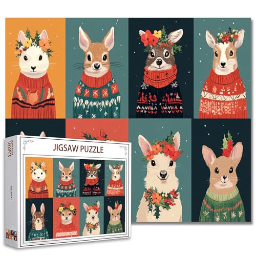 Pelzige Tiere tragen Festliche Pullover Jigsaw Puzzles für Erwachsene 1000 Teile, kreative Tiere Porträts Puzzle Kunst 27 x 20 Zoll DIY Puzzles für Heimdekoration, Familie Puzzle für Spieleabende von Tucocoo