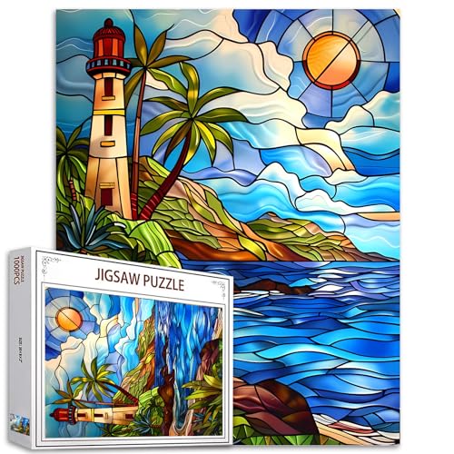 Puzzle für Erwachsene, Leuchtturm, Glasstil, Küste, herausforderndes Puzzle, perfekt für Spielabende, Wanddekoration, Kunst-Puzzle, buntes Buntglas, Leuchtturm, 68,6 x 50,8 cm, 1000 Teile von Tucocoo