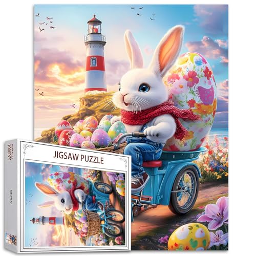 Puzzle mit Osterhasen-Eiern, 1000 Teile für Erwachsene, Kaninchen, reitend, Sonnenuntergang, Leuchtfeuer, Kunst-Puzzle, Puzzle für anspruchsvolle Familienaktivitäten, buntes DIY-Handarbeitspuzzle für von Tucocoo