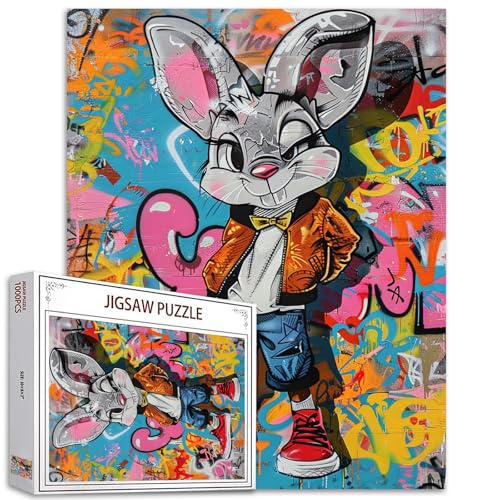 Puzzles für Erwachsene 1000 Teile - Buntes Kaninchen Puzzle für Home Decor Zero Dust Easy Storage - Bunte Hippie Style Puzzles Geschenk Retro Funny Bunny 1000 Piece Puzzle von Tucocoo