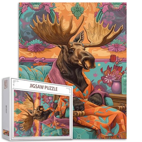 Rentier in Kleidern auf der Couch sitzend Jigsaw Puzzles für Erwachsene 1000 Teile,Dschungel Tier Blume Jigsaw Puzzle Kunst Bunte DIY Puzzle für Home Decor,Familie Puzzle Perfekte Spiel Abende Großes von Tucocoo