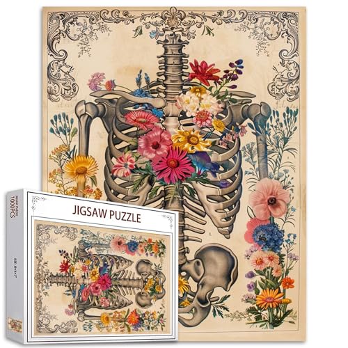 Rippen-Käfig-Schädel-Blumen-Puzzle Menschliches Organ/Anatomie 1000 Teile Puzzlespiel Blumen-Puzzle für Erwachsene Heimdekoration DIY-Bastelpuzzle Geschenk für Freunde und Familie von Tucocoo