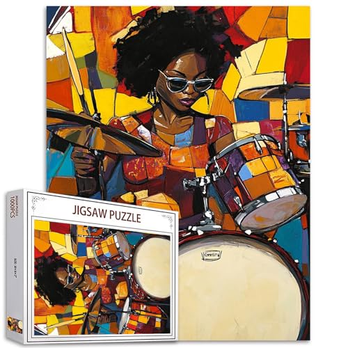 Rockmusiker 1000 Stück Puzzle Erwachsene Afro-Amerika Frau Malerei Jigsaw Puzzle Schwarzes Mädchen 1000 Stück Puzzles Spiel Mädchen spielen Schlagzeug Instrumente Wanddekoration DIY Craft Puzzle Kunst von Tucocoo