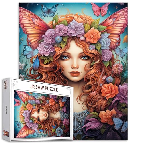 Schmetterling Blumen Mädchen 1000 Stück Puzzles für Erwachsene Fee Püppchen Puzzle Rote Flügel 1000 Stück Puzzles für lustige herausfordernde Familie Aktivität Spiel Engel mit Kranz Kunst DIY Puzzle von Tucocoo