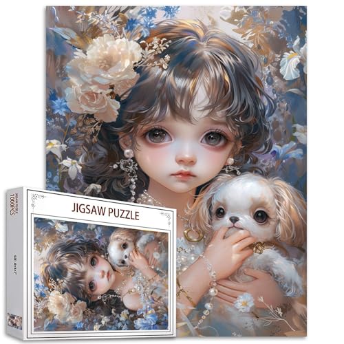 Schönes Blumenmädchen-Puzzle für Erwachsene,1000 Teile,Hund und Puppe Kunstpuzzle,Buntes DIY-Puzzle für Heimdekoration,Geschenke,Lustige Familienpuzzle-Dekoration,Perfekt für Spieleabende von Tucocoo