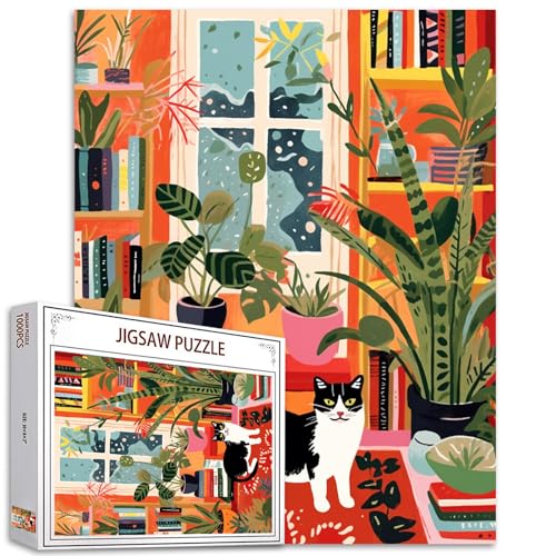 Schwarz-weißes Katzen-Puzzle, 1000 Teile, Puzzles für Erwachsene, Bücherregal-Puzzles für anspruchsvolle Familienaktivitäten, Grünpflanzenpuzzle für Heimdekoration, Geschenke, 68 x 50 cm von Tucocoo