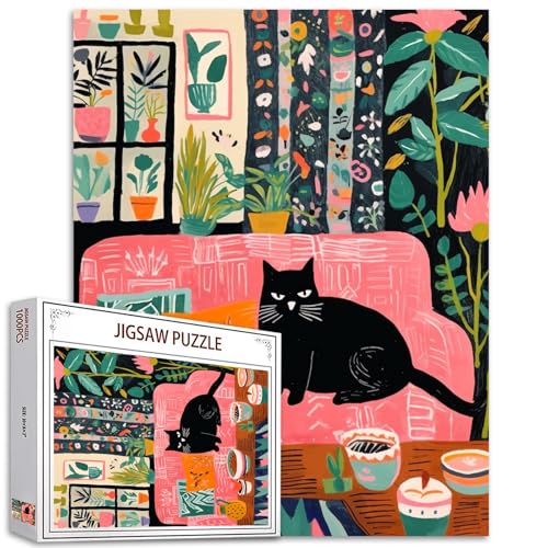 Schwarze Katze auf dem Sofa, Puzzles für Erwachsene, 1000 Teile, Bohemian-Pflanzen, Haus-Puzzle, dicke Katze, DIY-Puzzles für Zuhause, Wanddekoration, Geschenke, Familienpuzzle, perfekt für von Tucocoo