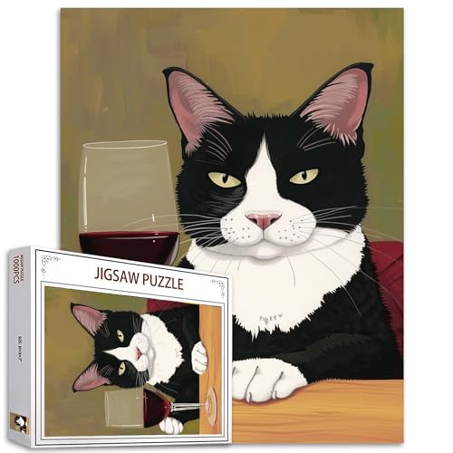 Schwarze und weiße Katze trinkt Wein Puzzles für Erwachsene 1000 Stücke, Rotwein Glas Jigsaw Puzzle 20x27 Zoll Bunte Kätzchen Puzzles Familie Puzzle perfekt für Spiel Abende nach Hause Wanddekoration von Tucocoo