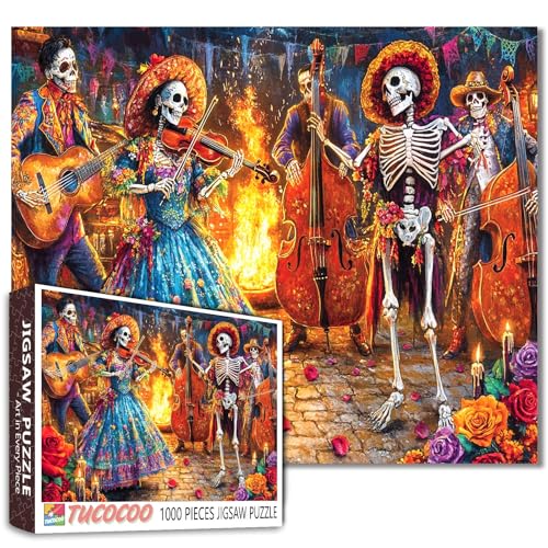 Skelettband, das Musik in festlicher Nacht spielt, 1000-teiliges Puzzle für Erwachsene, Studenten, 50,8 x 68,9 cm, buntes Tag der Toten, Instrumente, traditionelles Kleid, lustiges Halloween-Puzzle Skelettband, das Musik in festlicher Nacht spielt, 1000-teiliges Puzzle für Erwachsene, Studenten, 50,8 x 68,9 cm, buntes Tag der Toten, Instrumente, traditionelles Kleid, lustiges Halloween-Puzzle von Tucocoo
