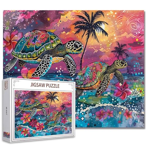 Sommer Meereslandschaft Puzzles 1000 Teile für Erwachsene,Familien (Meeresschildkröte,Sonnenuntergang,Blumen,Kokosnussbaum) Teile passen perfekt zusammen Leistung rahmenbare Magic Puzzle Art von Tucocoo