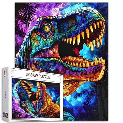 T-Rex Glas-Dinosaurier-Puzzle, 1000 Teile, Puzzle für Erwachsene, 68,6 x 50,8 cm, Puzzles für Familien, HD-Qualität, Buntglas-Dinosaurier-Fotopuzzle, Geschenk, Familienaktivität, perfekt für von Tucocoo