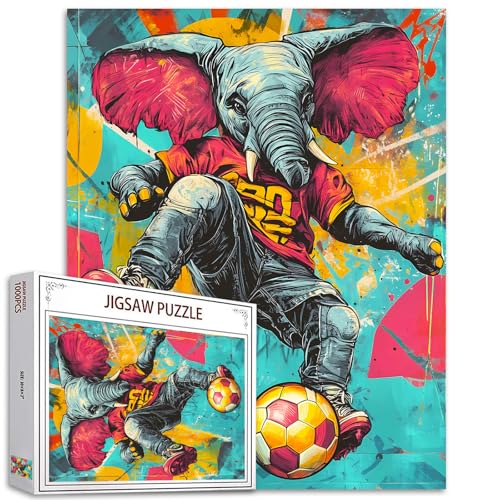 Tier Athleten Kunst 1000 Stück Jigsaw Puzzles Erwachsene Elefant Fußball Spielen Malerei Puzzle Wildtiere Sportler Puzzle anspruchsvolle Familienaktivität Graffitipuzzle Puzzle Wohnzimmer Dekoration von Tucocoo