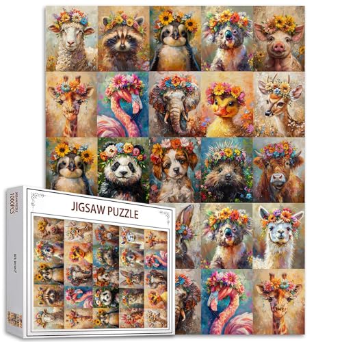 Tiere Puzzles für Erwachsene 1000 Teile Bunte Blumenkronen Niedliche Tierpuzzles Lustiges Tierreich Jigsaw Puzzle 27 x 20 Zoll DIY Puzzles Heimwanddekoration Familienpuzzle Perfekt für Spieleabende von Tucocoo