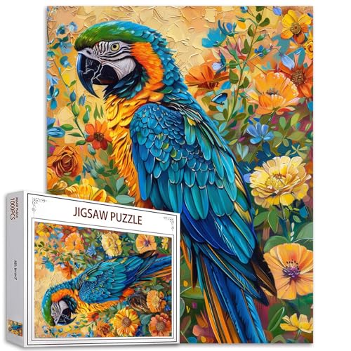 Tierpuzzle 1000 Teile für Erwachsene, Familien (Papagei, Gartenblumen, Tropische Pflanzen) Teile passen perfekt zusammen 19.7''x27.6''inch Leistung Landschaft rahmenbare magische Puzzle Kunst（Gelb） von Tucocoo