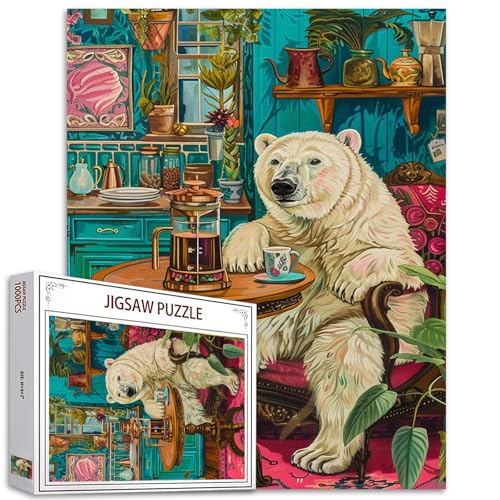 Tierpuzzle 1000 Teile für Erwachsene Weißer Bär Malerei Puzzle Tropische Zimmerpflanzen 1000 Teile Puzzle Spiel Wanddekoration DIY Handwerk Küche, Kaffeezeit Puzzle Kunst Boho Geschenk von Tucocoo