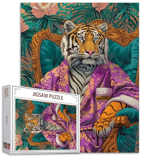 Tiger in Clothes Sitting on The Couch Jigsaw Puzzles für Erwachsene 1000 Pieces,Jungle Animal Flower Jigsaw Puzzle Art Colorful DIY Puzzle for Home Decor,Family Puzzle Perfect Game Nights Great Gift von Tucocoo