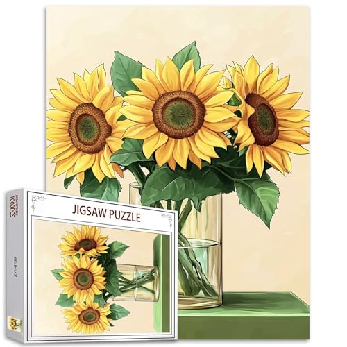 Tucocoo 1000 Teile Puzzle für Erwachsene, Aquarell-Sonnenblumen, Malerei, Puzzle, schönes Blumenmuster in Glasvase, Retro-Kunst-Puzzles für anspruchsvolle Familienaktivitäten, Spiel, DIY-Puzzle, von Tucocoo